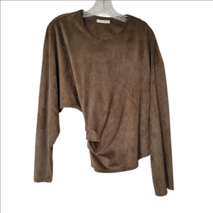 Zara Olive Green Brownish Suede-Look Long Sleeve Asymmetrical Top Medium